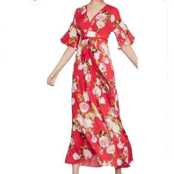 BcbgMaxazria Red Floral Maxi Dress Faux Wrap size large Flowers Tropical - Picture 1 of 13